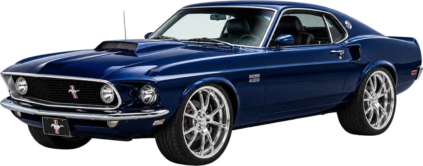 Dark blue classic muscle car, three-quarter front view
